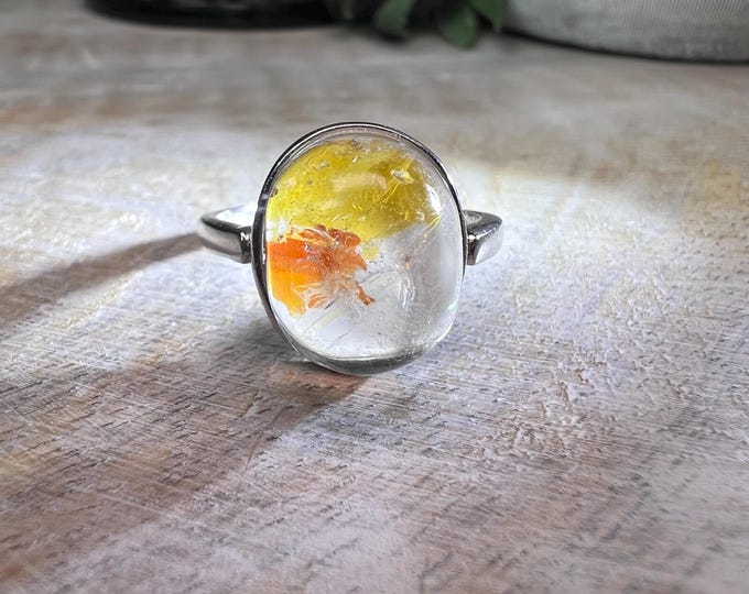 Rare Koi Fish Quartz Ring, Hematoid Golden Healer, Rainbow Inclusions, 925 Silver Adjustable Ring (2)