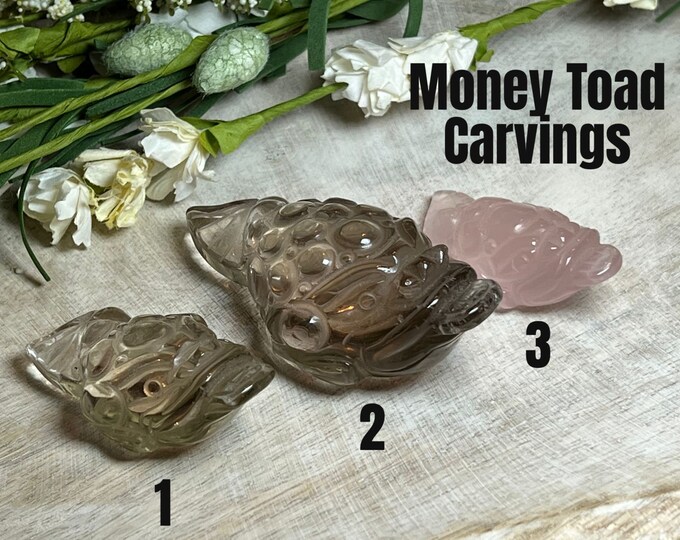 Crystal Money Toad Carving, Lucky Money Toad, Smoky Quartz Money Toad, Rose Quartz Money Toad