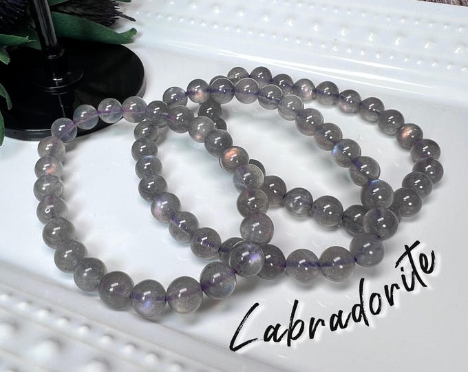 Purple Labradorite, Purple Labradorite Bracelet, Labradorite Crystal Bracelet, 7-8mm Round Beads, Stretchy (5)