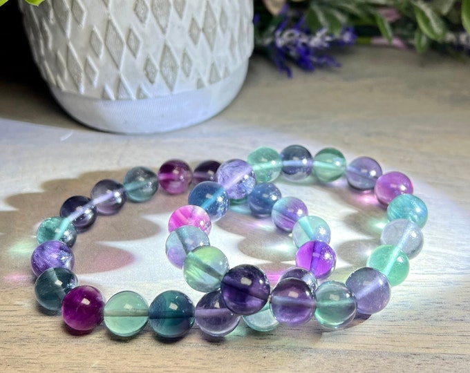 Colorful Fluorite Bracelet, Large Round Beads, 11mm, Crystal Bracelet, Blue Green Purple Pink Fluorite Beads