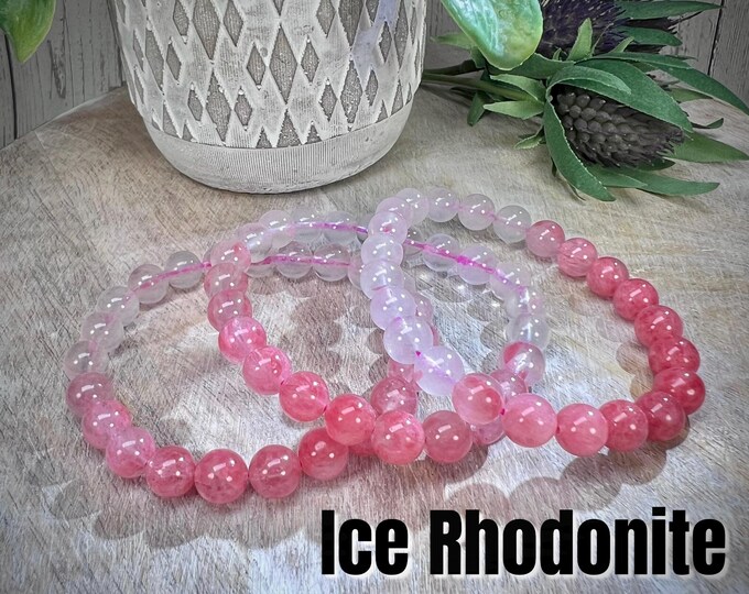 Ice Rhodonite Bracelet, Gradient Pink Rose Rhodonite, Cherry Rain Rhodonite, 8mm Round Bead Crystal Bracelet