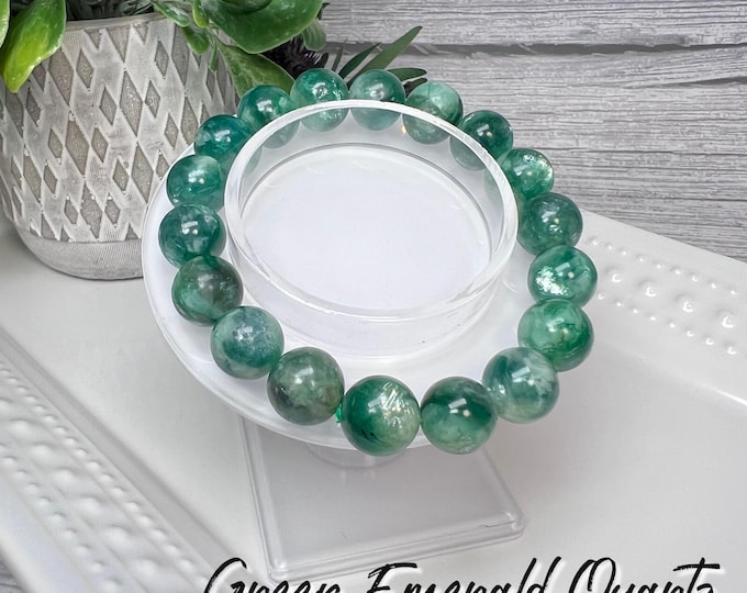 Green Mica in Quartz Bracelet, Flashy Green Mica, Green Lepidolite, Green Emerald Quartz, 11-12mm Round Beads, Large Crystal Bracelet