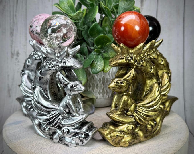 Nine-Tailed Fox Sphere Stand, Silver or Gold Color Nine-Tailed Fox on Crescent Moon, 9 Tail Fox, Nine Tail Fox, Crystal Sphere Stands