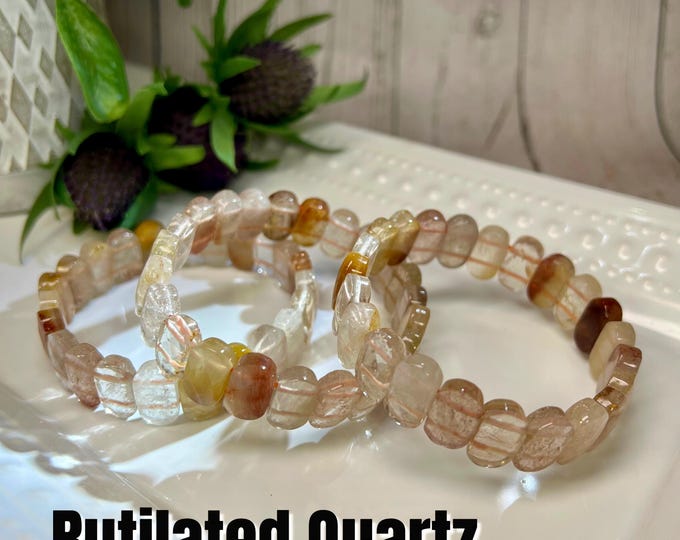 Rutilated Quartz Bracelet, Rutilated Quartz Crystal Soft Bangle Bracelet, Oval Beads, Stretchy, Golden Rutile, Hairs of Venus