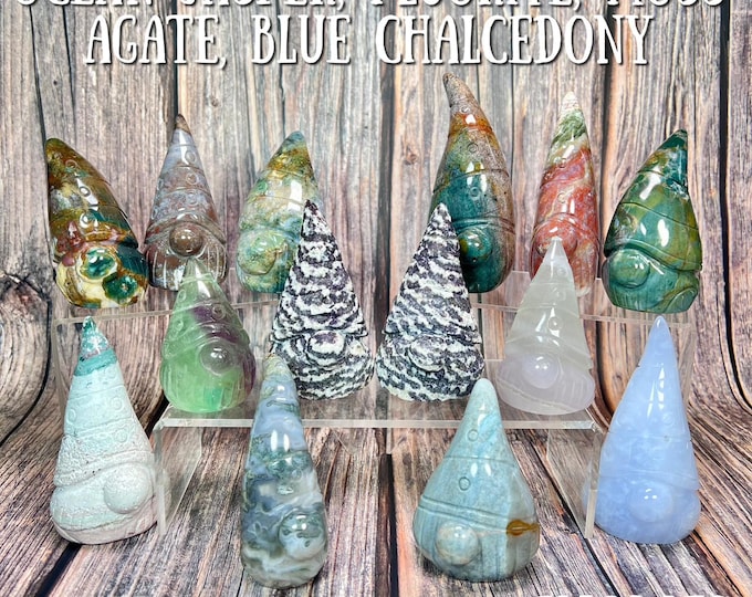 Crystal Gnome Carving, Ocean Jasper Carving, Fluorite Gnome Carving, Moss Agate Gnome Carving, Blue Chalcedony Gnome Carving