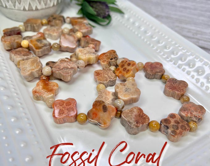 Fossilized Coral Clover Bracelets, Coral Fossil Bracelets, Agatized Coral, Agatized Coral Bracelets, Clover Shape Fossil Coral Beads
