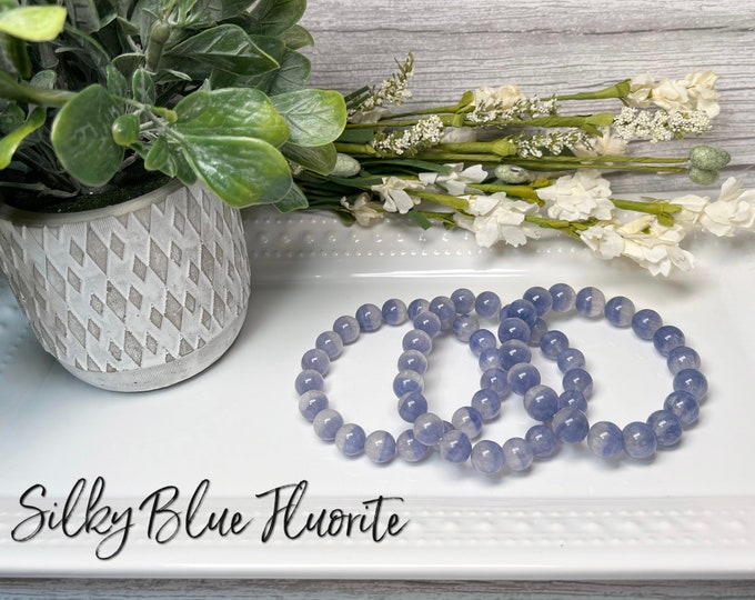 Silky Blue Fluorite Bracelet, Blue Fluorite Bracelet, Round Beads, 10-11mm