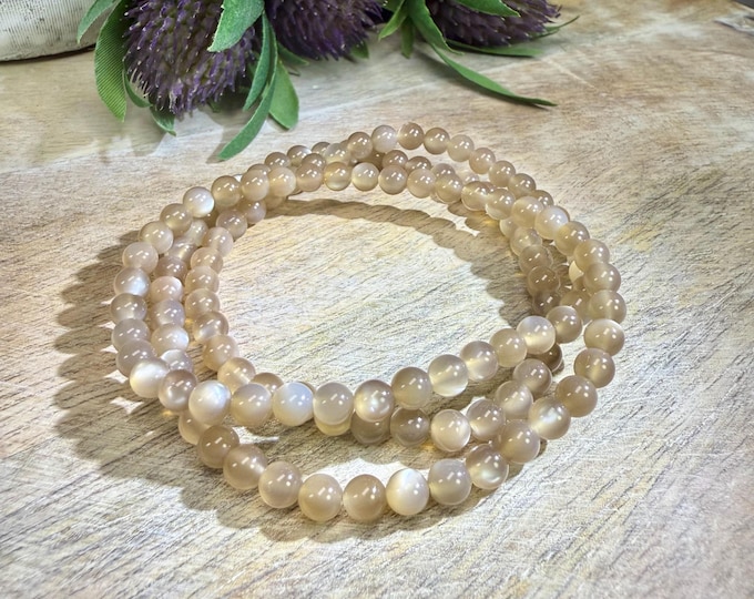 Gray Moonstone Wrap Bracelet, Can Be Worn as 21" Necklace OR Bracelet Wrapped 3 Times, 4-5mm Beads, Elastic String