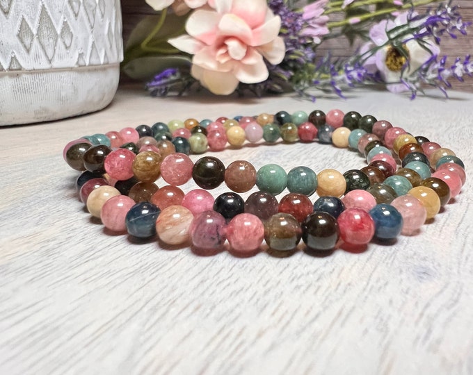 Beautiful Rainbow Tourmaline 22" Necklace OR Bracelet Wrapped 3 Times, Round Beads, 5mm, Pink Green Blue Yellow Tourmaline