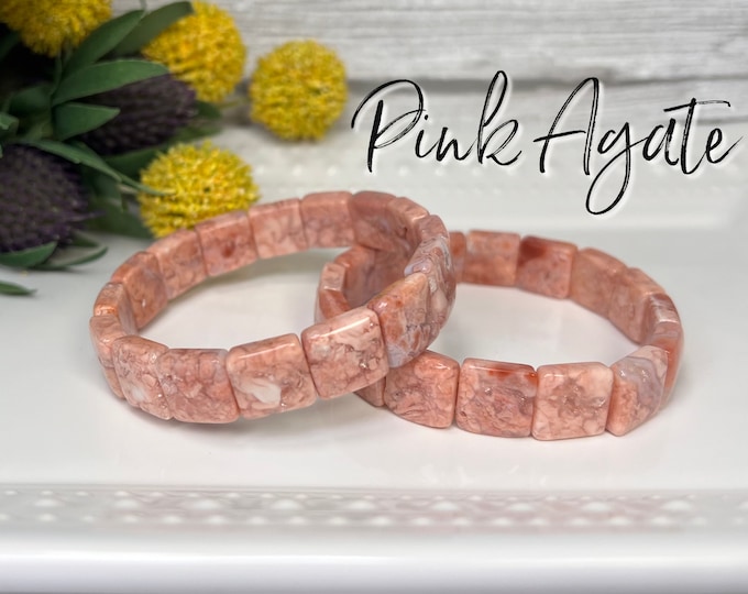 Druzy Pink Agate Soft Bangle Bracelet, Pink Agate Bangle Bracelet, Druzy Pink Agate Bracelet, Rectangle Beads, Pink Agate Crystal