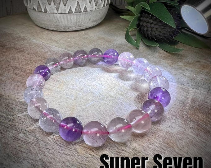 Super Seven Bracelet, Super 7 Crystal Bracelet, Stretchy Crystal Bracelet, 9-10mm Round Beads (2)