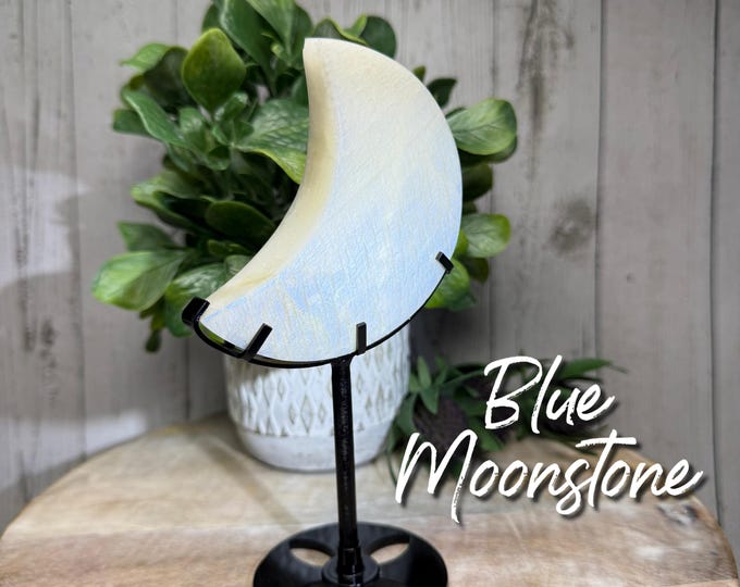 Blue Moonstone Crescent Moon on Stand, Flashy Moonstone Moon (both sides), Crystal Crescent Moon, Custom Metal Stand