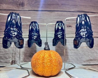 Black Obsidian Hanging Bat Carving, Hanging Bat with Stand, Crystal Bat, Bat Crystal Carving, Polished Carving, Halloween Crystal Carving