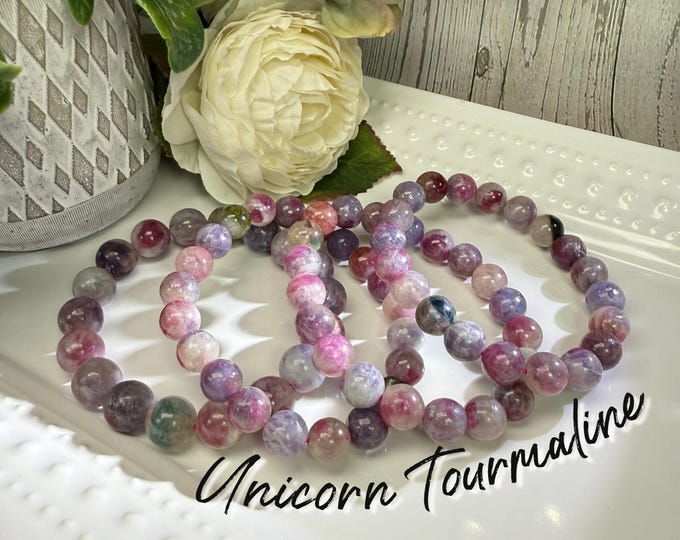 Unicorn Tourmaline Bracelet, Unicorn Stone Bracelet, Tourmaline - Lepidolite - Quartz, 9.5mm or 11mm Round Beads