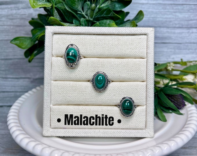 Malachite Ring, Malachite Crystal, Genuine Malachite, 925 Silver Adjustable Band