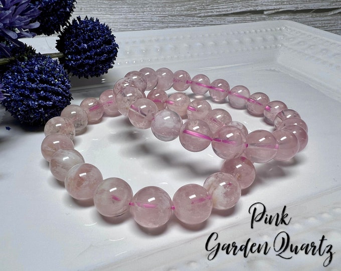 Pink Garden Quartz Bracelet, Inclusion Quartz, Lodolite, Round Beads, 8-9mm, 9-10mm, Crystal Bracelet