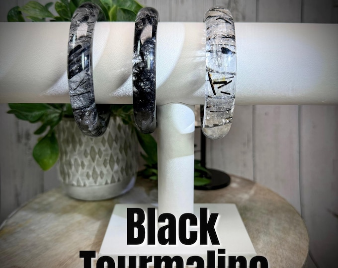 Black Tourmaline in Quartz Bangle, Black Tourmaline Crystal Bangle Bracelet, Black Tourmaline Bangle with Rainbows