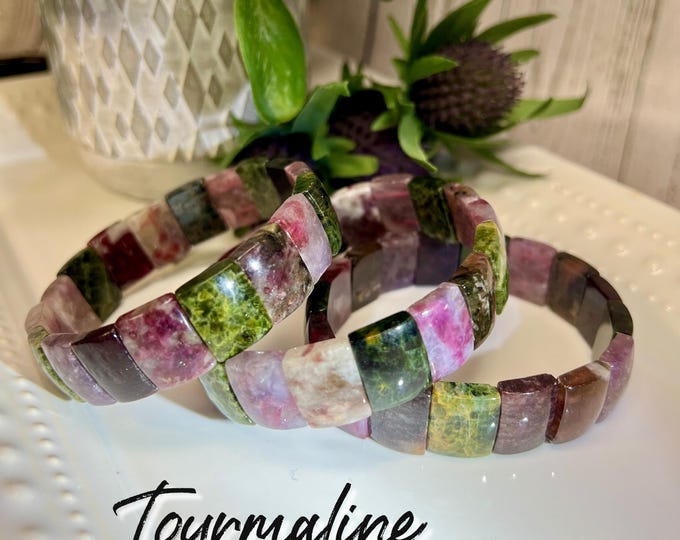 Pink and Green Tourmaline Bracelet, Colorful Tourmaline Soft Bangle Bracelet, Colorful Tourmaline Crystal Bracelet