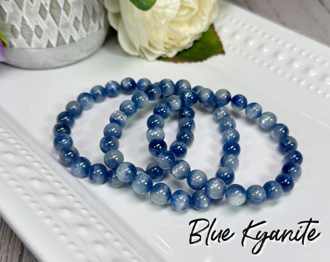 Gemmy Kyanite Bracelet, Blue Kyanite with Cat Eye Flash, Flashy Crystal Gemstone Bracelet, 8mm Round Beads
