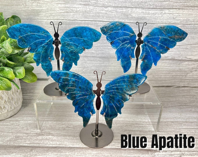 Blue Apatite Butterfly Wings, Hand Carved Crystal Butterfly Wings, Small Blue Apatite Butterfly Wings with Custom Metal Stand