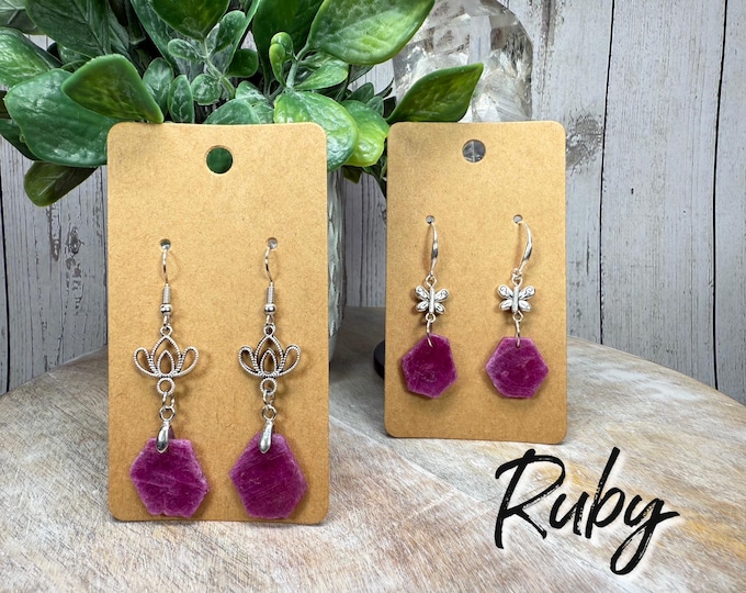 Ruby Earrings, Genuine Ruby Dangle Earrings, Ruby Lotus Flower Earrings, Ruby Butterfly Earrings, s925 Earring Setting, UV Reactive Crystal
