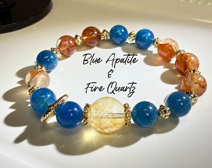 Blue Apatite and Fire Quartz Bracelet, DIY Bracelet, Golden Color Accent Beads, 9-10mm Round Beads (LLB17)