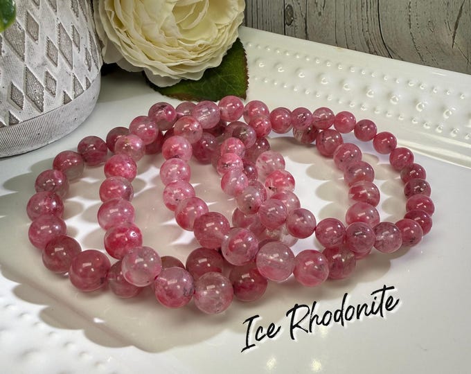Ice Rhodonite Bracelet, Rose Rhodonite, Sakura Rain, Cherry Blossom, 8mm or 9-10mm or 10-11mm Round Beads, Beautiful Pink Rose Color