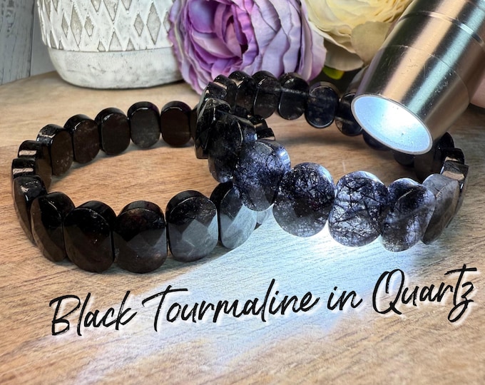 Black Tourmaline in Quartz Soft Bangle Bracelet, Tourmalated Quartz Soft Bangle Bracelet, Black Tourmaline in Quartz Stretchy Bracelet