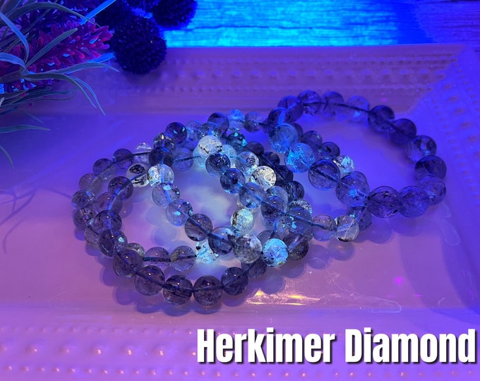 Herkimer Diamond Bracelet, Herkimer Diamond with Rainbows, Herkimer 9-10mm Bracelet, Herkimer 12-13mm Bracelet, UV Reactive