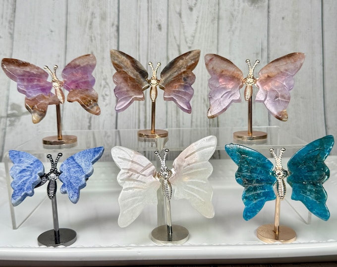 Small Crystal Butterfly on Stand, Blue Aventurine - Agate - Blue Apatite - Amethyst Agate, Crystal Butterfly Wings on Metal Body