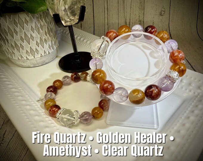 Beautiful Fire Quartz and Golden Healer with Amethyst DIY Bracelet, White Copper Accent Beads and Chain Charm (LLB3)