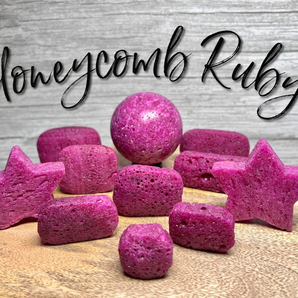 Honeycomb Ruby Sphere, Honeycomb Ruby Star, Honeycomb Ruby Palm Stone, UV Reactive