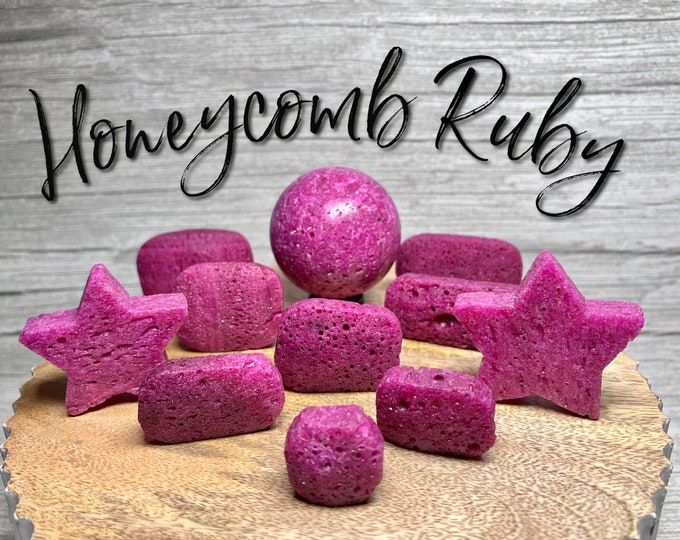 Honeycomb Ruby Sphere, Honeycomb Ruby Star, Honeycomb Ruby Palm Stone, UV Reactive