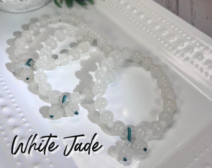 White Jade Bracelet, White Jade Pumpkin Bracelet, 9-10mm Pumpkin Shape Beads, 4-5mm Round Spacer Beads