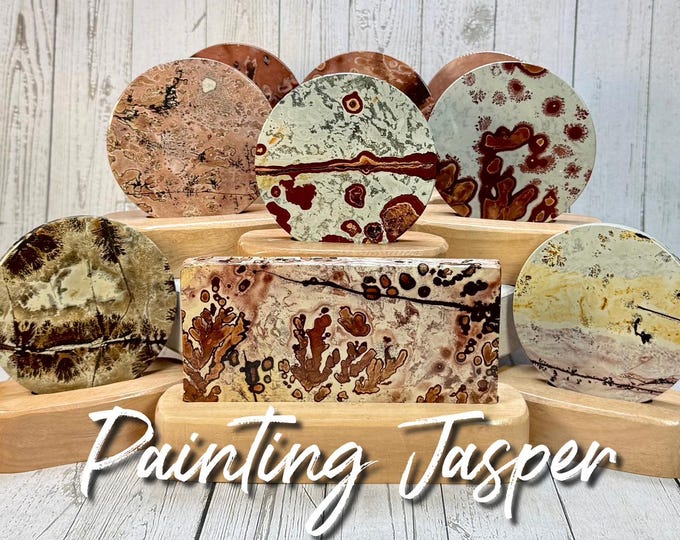 Painting Jasper on Wooden Stand, Picture Jasper, Beautiful Landscape Scenery in Each Piece, Custom Wooden Stand - Round (Set#4)