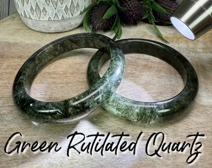 Unique Green Rutilated Quartz Crystal Bangle Bracelet, Green Rutile in Quartz Crystal Bangle Bracelet