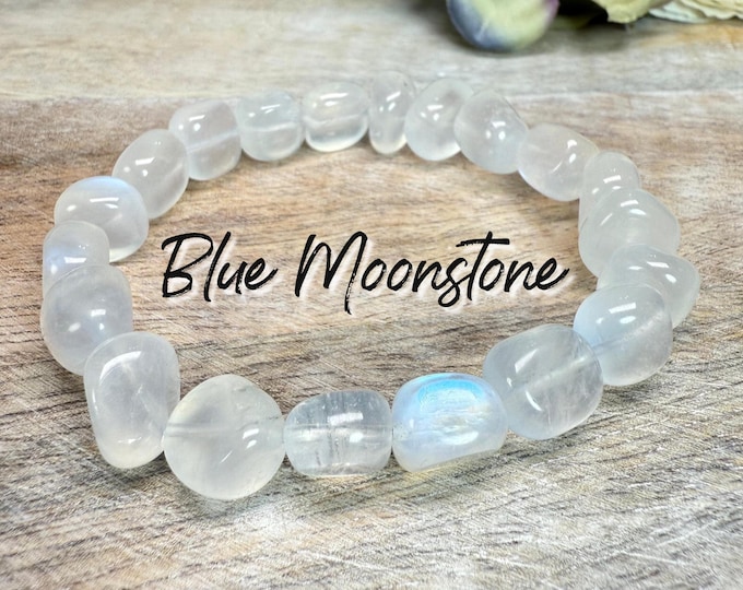 Blue Moonstone Bracelet, 11mm freeform Beads, Blue Flash Moonstone