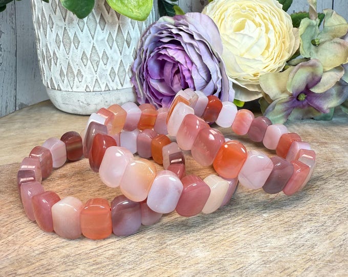 Pink Agate Bracelet, Agate Soft Bangle Bracelet, Brings Luck - Health - Balancing Emotions - Protection, Elastic & Stretchy