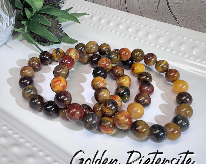 Golden Pietersite Bracelet, Pietersite Bracelet, Golden Red Phoenix Pietersite, Flashy Pietersite, 10-11mm Round Beads