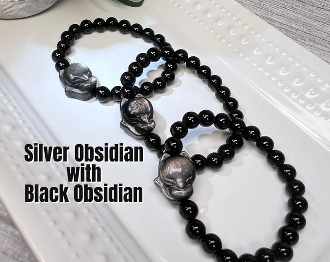 Black Obsidian with Silver Obsidian Fox Bracelet, 8-9mm Round Black Obsidian Beads with Silver Obsidian Fox Bead