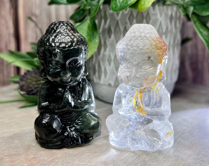 Small Crystal Buddha Carving, Garden Quartz Buddha Carving, Clear Quartz with Golden Healer Buddha Carving