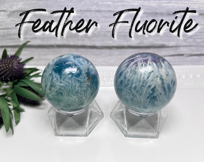 Beautiful Feather Fluorite Sphere, Blue Green Purple Fluorite Sphere, Feather Fluorite Crystal with Rainbow Inclusions - Stand Included