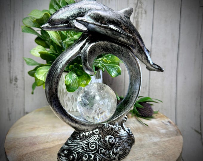 Double Dolphin Sphere Stand, Metallic Silver Black Dolphin Sphere Holder, Crystal Ball Holder or Stand