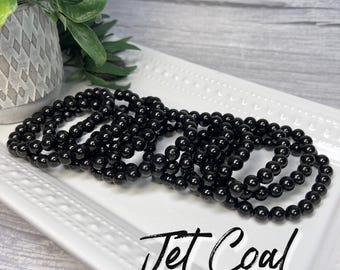 Jet Coal Bracelet, Lignite, Compact Organic Rock, 8-9mm Round Beads, Grounding