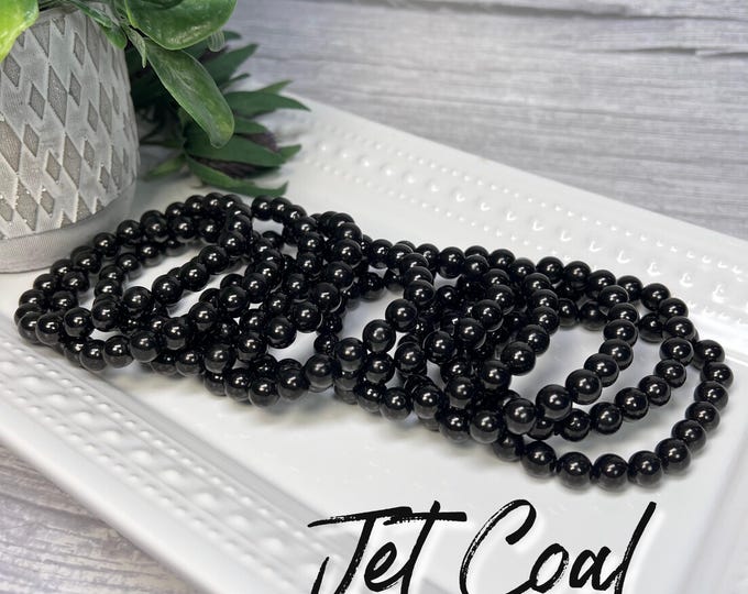 Jet Coal Bracelet, Lignite, Compact Organic Rock, 8-9mm Round Beads, Grounding