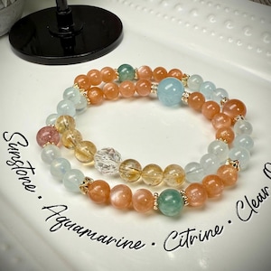 Sunstone with Aquamarine and Citrine Wrap Bracelet, Golden Color Accent Beads, DIY Crystal Bracelet (LLB25)