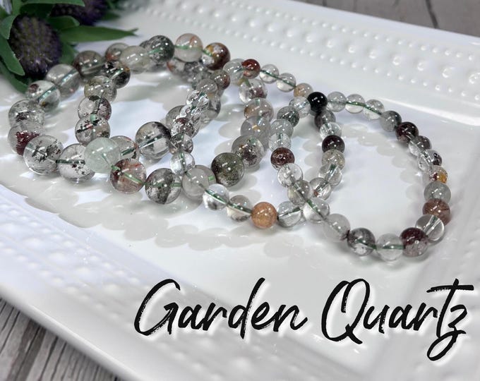 Garden Quartz Bracelet, Inclusion Quartz, Lodolite, 7-8mm or 11mm or 13mm Round Beads, Quartz Crystal Bracelet