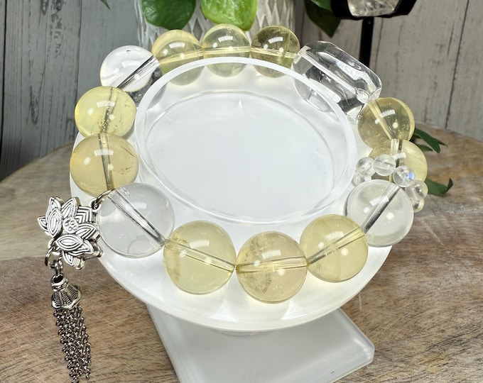Citrine + Clear Quartz + Blue Moonstone Crystal Bracelet, DIY Crystal Bracelet, White Copper Lotus Flower Accent Chain Charm (LLB32)