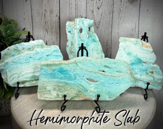 Hemimorphite Slab on Metal Stand, Hemimorphite Crystal Slab, Promotes Creativity - Communication - Peace