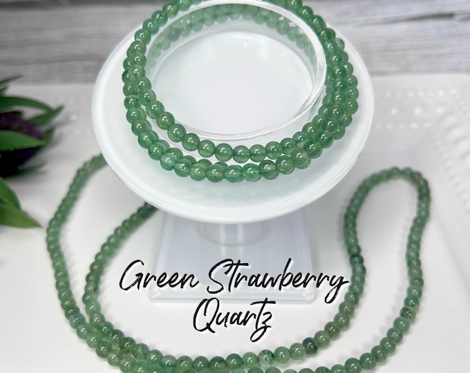 Green Strawberry Quartz Wrap Bracelet or 22" Necklace, Strawberry Quartz, 4-5mm Round Beads